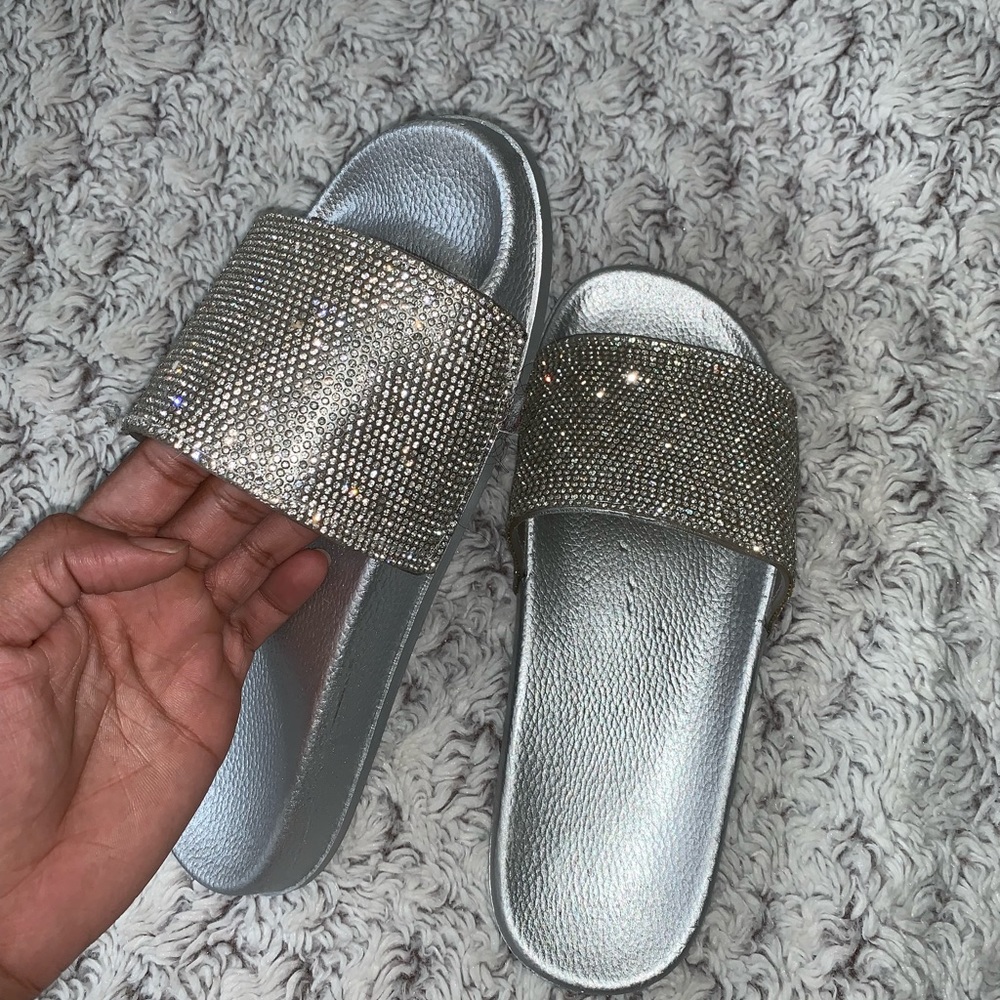 Never worn Sliver Rhinestone slides